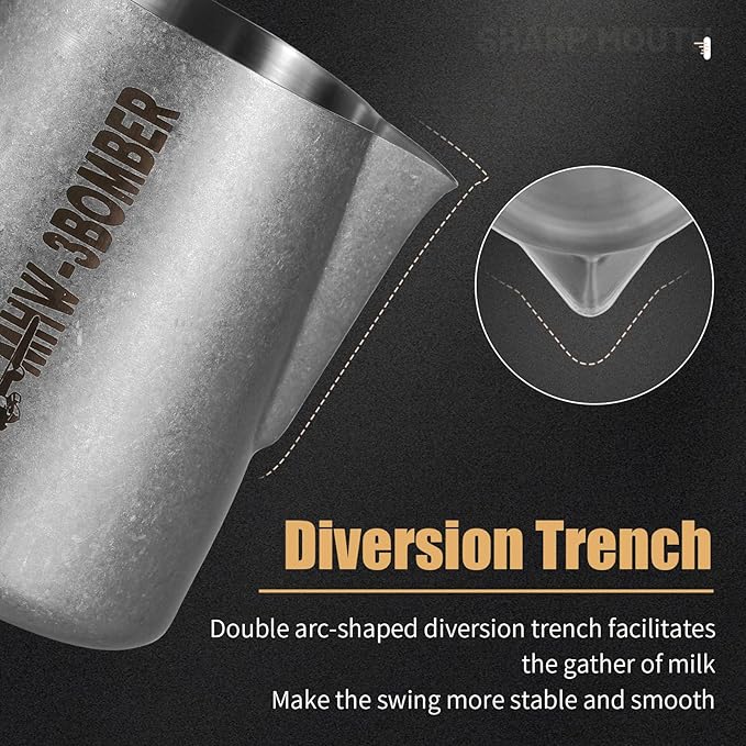 MHW-3BOMBER Milk Frothing Pitcher, 16oz/450ml Milk Frother Cup for Barista, SUS304 Stainless Steel Espresso Steaming Pitchers for Milk/Coffee/Latte Art, P3027SS-OS