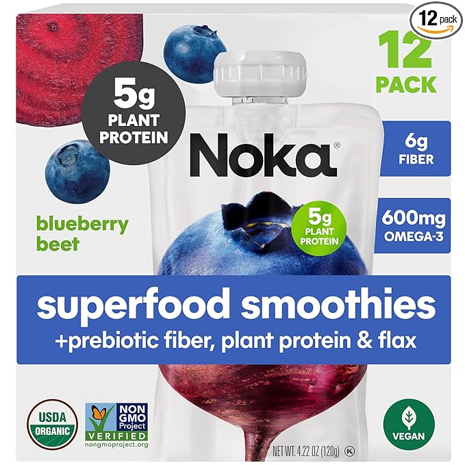 Noka Superfood Fruit Smoothie Pouches, Blueberry Beet, Healthy Snacks with Flax Seed, Prebiotic Fiber and Plant Protein, Vegan and Gluten Free, Organic Fruit & Veggie Squeeze Pouch, 4.22 oz, 12 Count