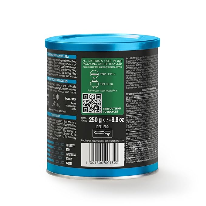 Caffì±?Vergnano Decaf Italian Ground Coffee, 4 Pack ??100% Arabica for Moka, Intensity Level 6 ??Rich, Full Flavor Without Caffeine, Notes of Dried Fruit, Cocoa & Caramel - 8.82 oz Tins