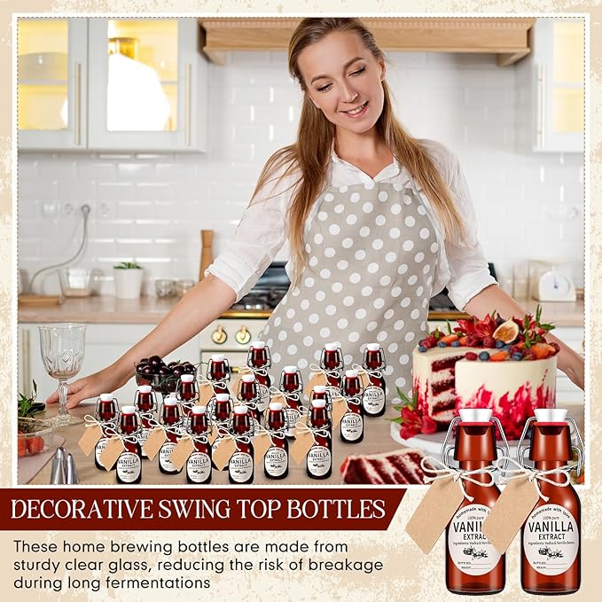 Vesici 12 Sets Swing Top Glass Bottles Set Amber Homemade Vanilla Extract Bottles with Stoppers Stickers Caps Jar Brush Funnel Rope Labels Vanilla Extract Jars for Holiday DIY Crafts (8 oz)