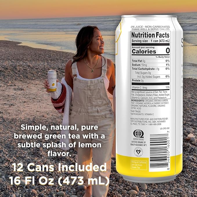 Steaz - Organic Green Tea - Unsweetened Lemon (12 Pack) - Antioxidant Brew - 65mg Natural Caffeine, Zero Sugar, 0 Calories, Vitamin C - Unsweetened Iced Tea - Vegan - 12 Cans, 16 fl oz (473mL)