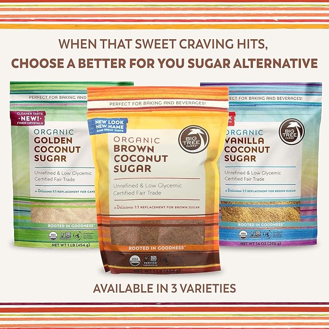 Big Tree Farms Organic Brown Coconut Sugar - Coconut Palm Sugar, Unrefined, Fine Crystals, Cane Sugar Replacement, Coconut Blossom Nectar, Vegan, Perfect for Baking - 2 Pound (Pack of 2)