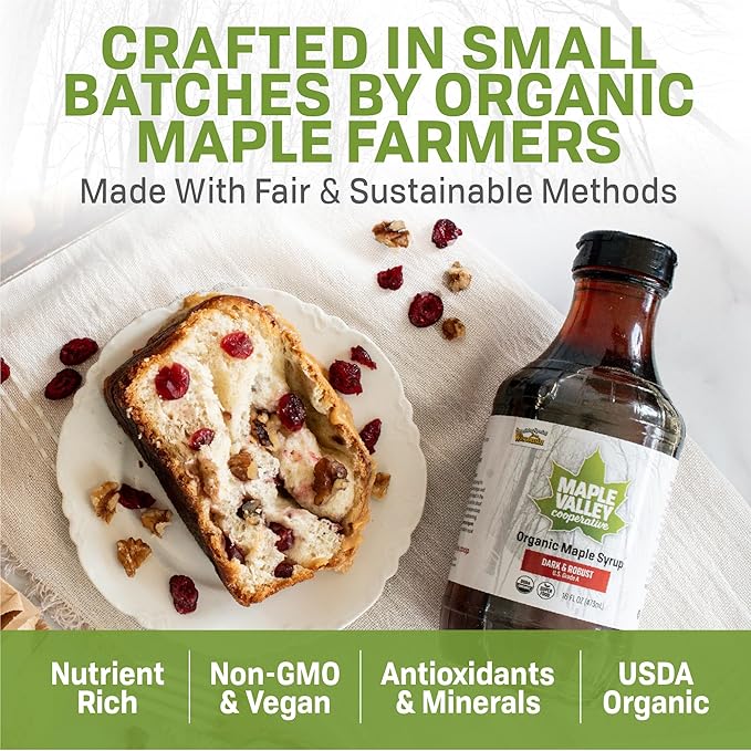 Maple Valley Organic Pure Maple Syrup, Amber and Rich, Better Than Pancake Syrup, Use for Coffee or All-Natural Sugar Substitute in Cooking and Baking (32oz Glass Bottle)