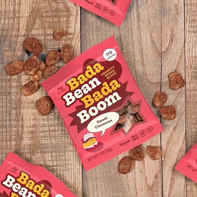 Enlightened Bada Bean Bada Boom - Plant-Based Protein, Gluten Free, Vegan, Crunchy Roasted Broad (Fava) Bean Snacks, 100 Calories per Serving, Cinnamon, 1 oz, 24 Pack