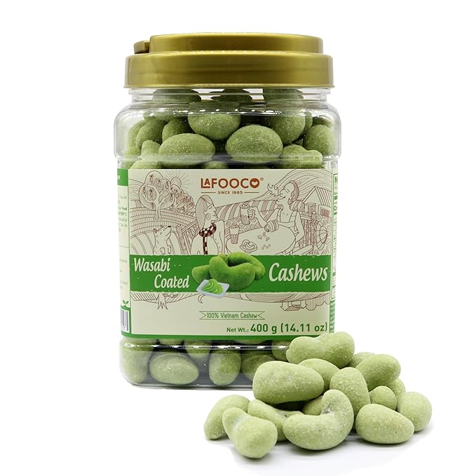 LAFOOCO Cashews, 100% Natural, Vegan Snacks, Great Gift, Resealable Jar, Halal, BRCGS (14.11 oz) (400 g, Wasabi Cashews)