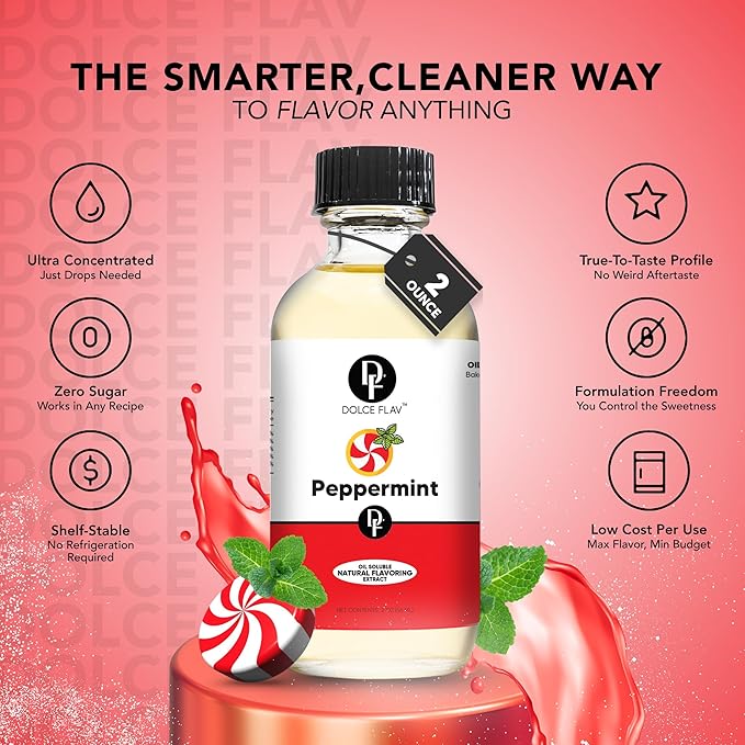 Dolce Flav Natural Peppermint Extract ??2 Ounce Oil-Soluble Kosher, Sugar-Free, Concentrated Pure Mint Flavor for Hard Candy, Chocolates & Baking, Includes Measured Dropper