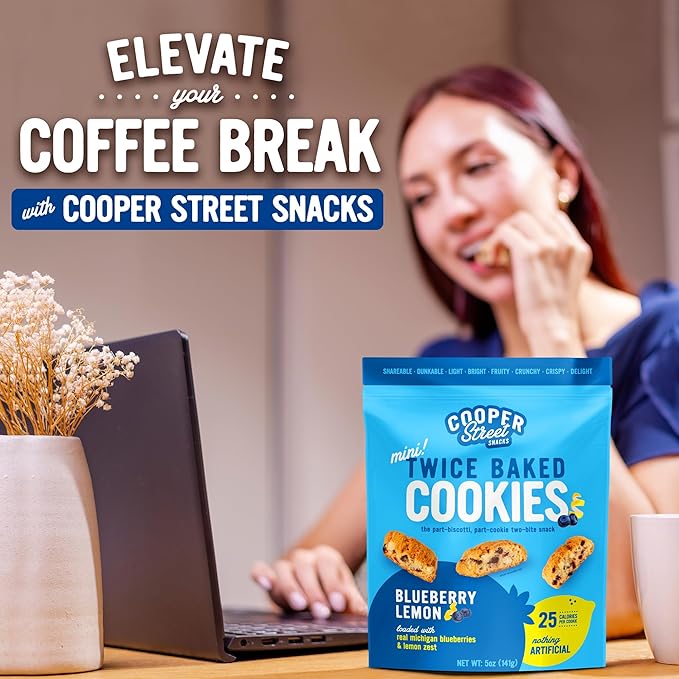 Cooper Street Twice Baked Lemon Blueberry Biscotti Cookies - Light, Crispy Mini Biscotti Cookies Ideal with Coffee - Traditional Low Calorie Italian Snacks - Kosher, Dairy, Peanut & Soy Free (6 Pack)