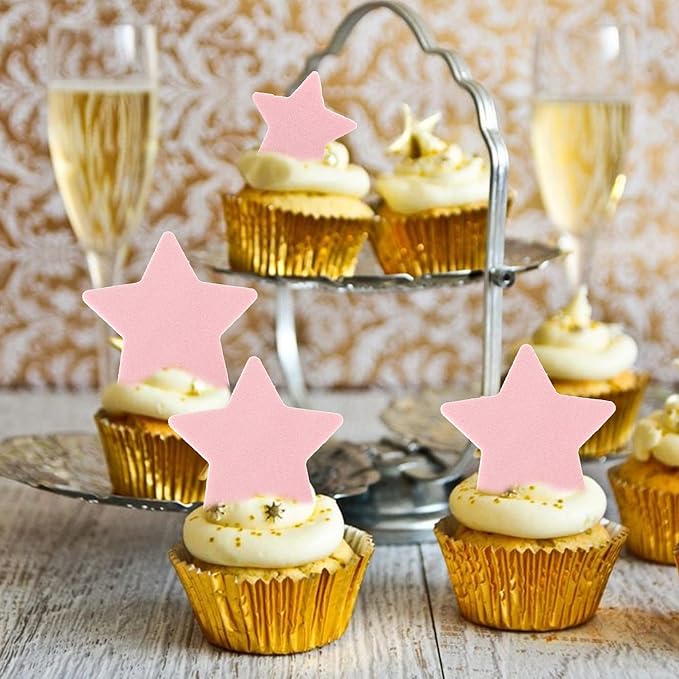 60 Pack Edible Star Cupcake Topper Twinkle Little Star Cupcake Picks Water Paper Little Star Theme Cupcake Decorations for Wedding Engagement Bridal Shower Birthday Party Supplies Pink