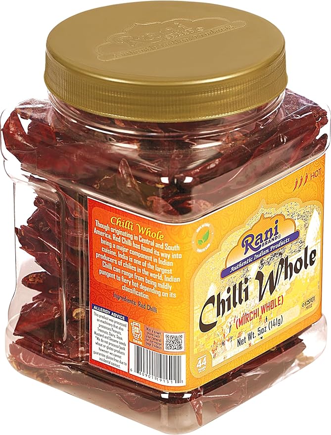 Rani Chilli Whole (Lal Mirch Sabut) 5oz (141g) PET Jar ~ All Natural, Salt-Free | Vegan | No Colors | Gluten Friendly | NON-GMO | Kosher | Indian Origin