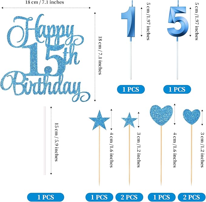 15th Birthday Cake Decorations, 15th Birthday Candles Cake Numeral Candles and Glitter Happy 15th Birthday Cake Toppers Set for Birthday Party Supplies (Blue)