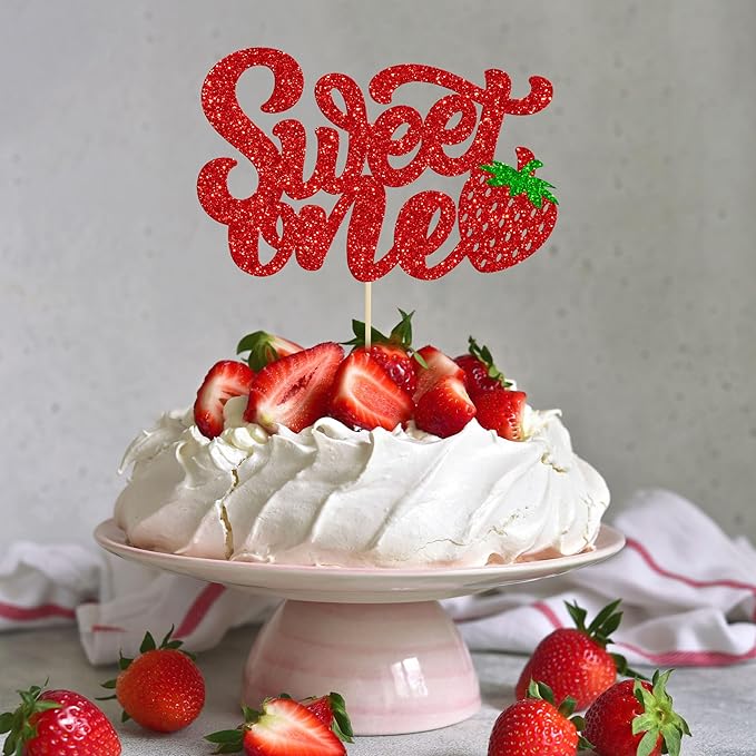 1 Pack Sweet One Cupcake Topper Glitter First Birthday Strawberry Cake Pick for Fruit Baby Shower 1st Birthday Berry Sweet Cake Decorations For Birthday Party Supplies Red