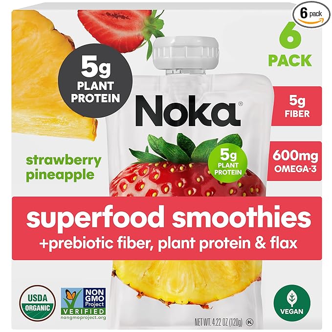 Noka Superfood Fruit Smoothie Pouches, Strawberry Pineapple, Healthy Snacks with Flax Seed, Prebiotic Fiber and Plant Protein, Vegan and Gluten Free, Organic Squeeze Pouch, 4.22 oz, 6 Count