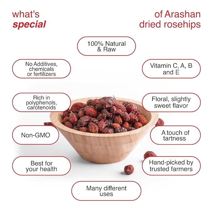 Arashan Whole Dried Rosehips 1 Pound - 100% Natural & Raw with No Additives. Perfect ingredient for Herbal Teas, Jam, Syrup, Bread. Nutritious Snack with Vitamins C,A,B,E