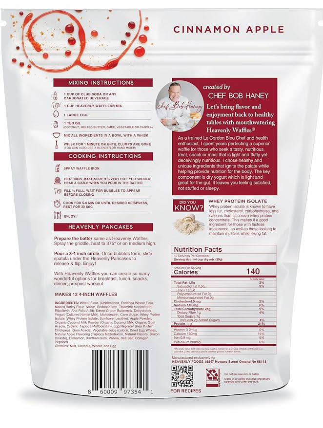 Heavenly Waffles짰 Mix, Cinnamon Apple, 11g Protein, Yogurt Based, Healthy and Nutritiously Balanced, Superior Tasting Waffles and Pancakes, 13.5 oz Pouch