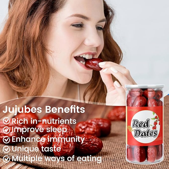 Dried Dates, Chinese Red Dates Organic Fruit Snacks, Improve Sleep Health Snack Premium Jujube Date for Salad, Brewing Tea, Soup, Baking, Oatmeal, Large-size Jujubes/14oz