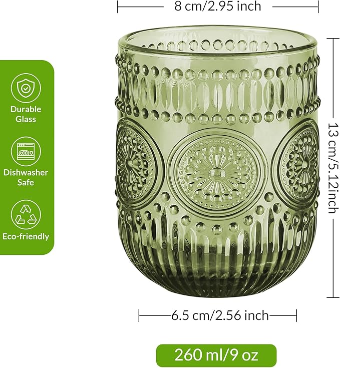Joeyan Vintage Drinking Glasses Set of 4,9 oz Green Embossed Sunflower Small Water Glass Tumbler Cups,Colored Romantic Beaded Glassware for Beverages Cocktail Juice Wine,Dishwasher Safe