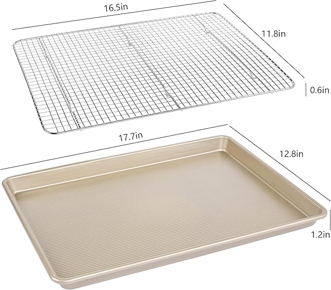 Kitcom Large Cookie Sheet 17.7x12.8in with Rack, Nonstick Baking Pan/Tray with Stainless Steel Cooling Baking Rack Sets, Pack of 2
