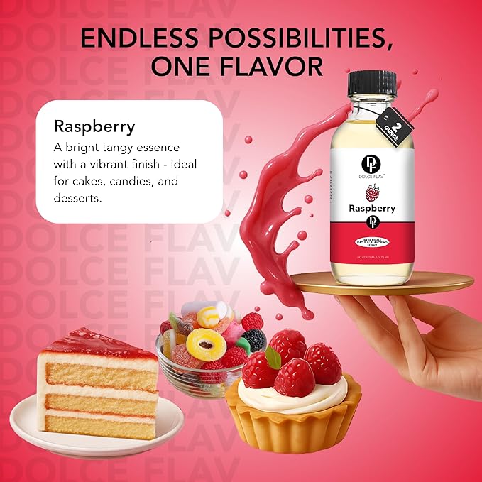 Dolce Flav Raspberry Extract ??2 Ounce Oil-Soluble Kosher, Sugar-Free, Concentrated Raspberry Flavoring for Chocolates, Candies & Baking, Includes Measured Dropper