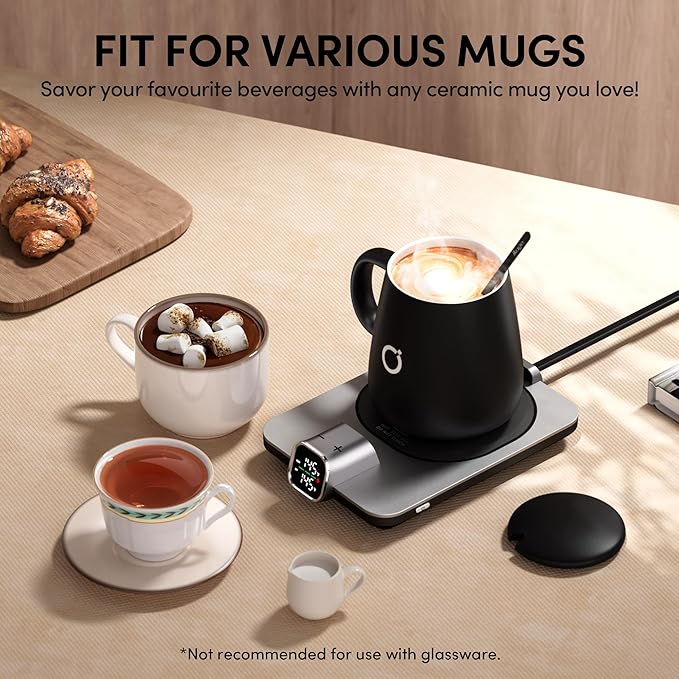 2Pcs Heated Coffee Mug Warmer & Mug Set - Heated Mug Warmer Plates with Auto Shut Off, 1°F Precise Electric Coffee Warmer Plates for Desk, Valentine's Day Gift for Couple, Dark Grey and Pink