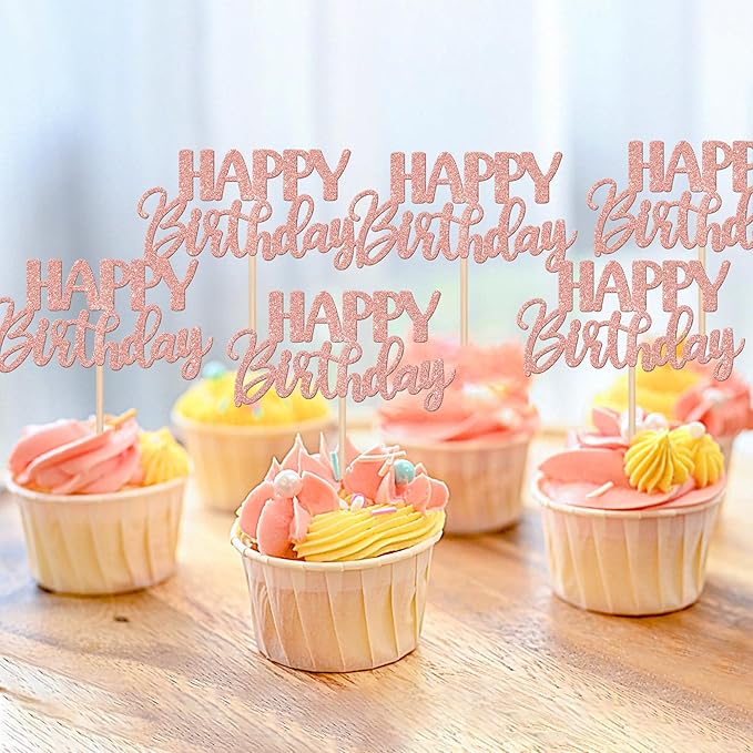 30 PCS Happy Birthday Cupcake Toppers Glitter Happy Birthday Cupcake Picks for Celebrating Birthday Anniversary Theme Party Cake Decorations Supplies Rose Gold
