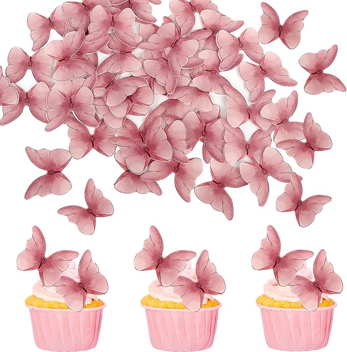 48PCS Edible Cupcake Toppers - Wafer Paper Edible Butterfly Cake Decorations for Butterfly Theme Baby Shower Birthday Wedding Party Supplies - Pink