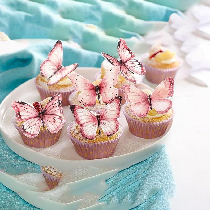 Rsstarxi 60 Pack Edible Butterfly Cake Decorations, Wafer Paper Butterflies Cupcake Toppers for Wedding, Birthday, Anniversary, Baby Shower Party Decorating Supplies - Pink