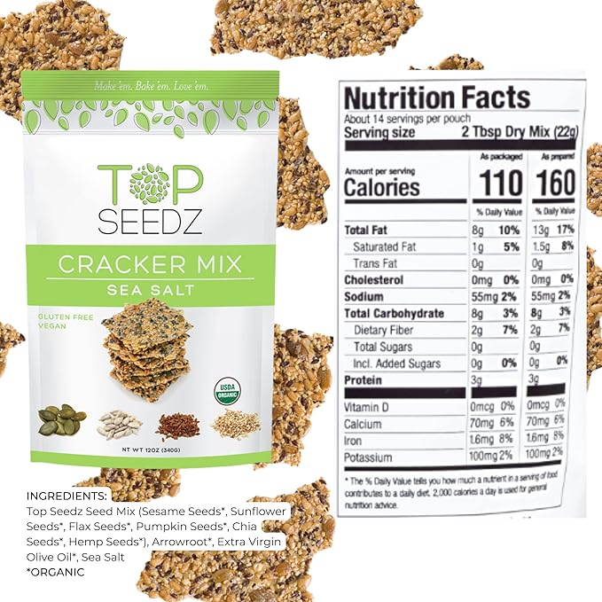 Top Seedz Organic Gluten Free Bake-at-Home Sea Salt Seed Crackers Mix | 2-Pack | 12 Ounces | Healthy Vegan Crackers with Plant Based Protein | Sunflower, Flax, Sesame and Pumpkin Seed