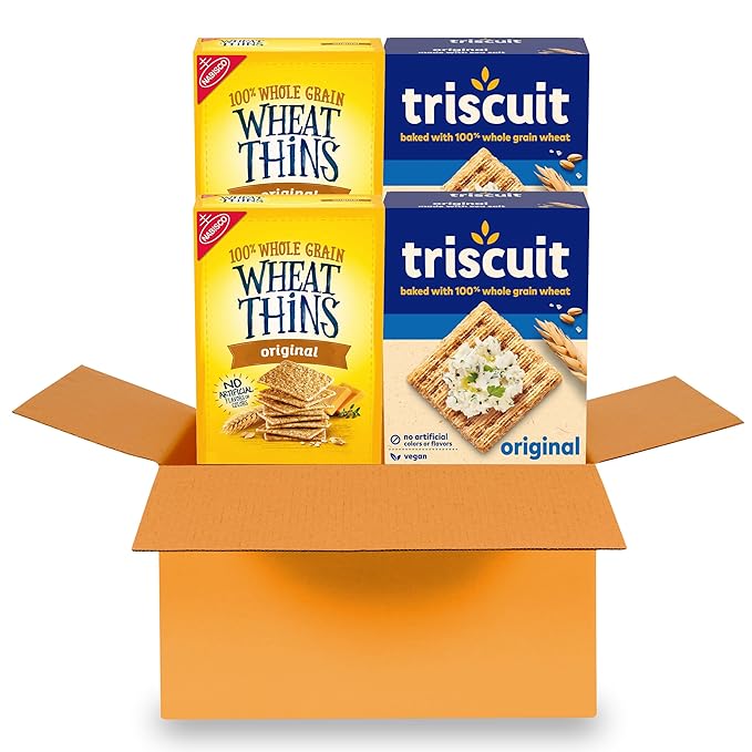 Triscuit Original Whole Grain Wheat Vegan Crackers and Wheat Thins Original Whole Grain Wheat Snacks Variety Pack, 4 Boxes