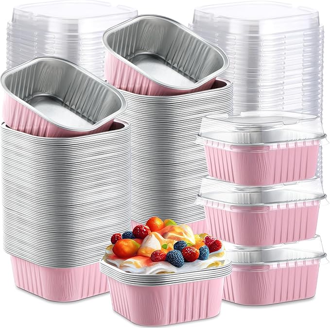 Aoriher 300 Pieces 10 oz Mini Cake Pans with Lids, Aluminum Foil Baking Cups, Square Disposable Cupcake Cups Baking Tins for Wedding Birthday Party Supplies(Pink)