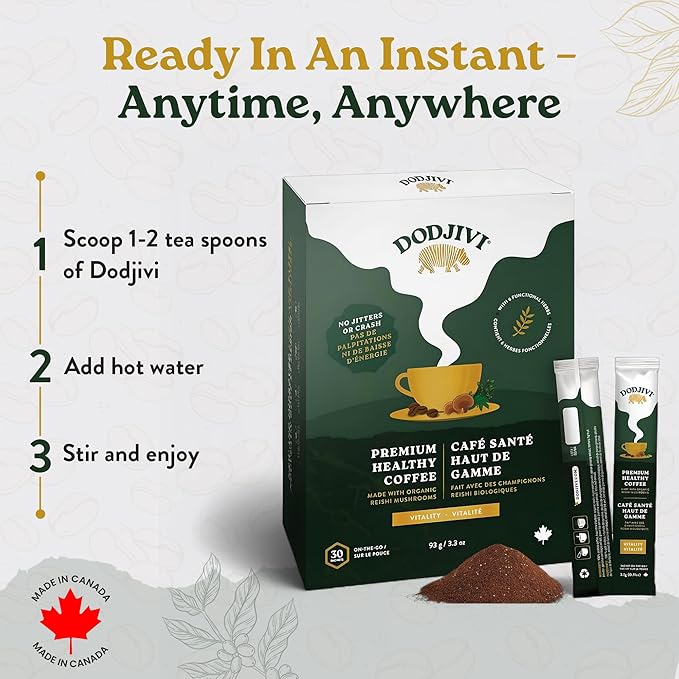 Dodjivi Organic Reishi Mushroom Coffee, Sustained Energy & Focus, Instant Coffee, Arabica with Adaptogenic Herbs, Sugar-Free, Vegan, Keto-Friendly, Low-Acid, Smooth Taste, 30 Sticks Bag
