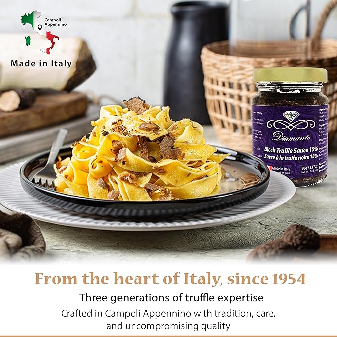 Diamante Italy Black Truffle Sauce with High 15% Black Truffle Content - Authentic Italian Gourmet Black Truffle & Mushroom Sauce - Non GMO, Vegan & Made in Italy - 90g