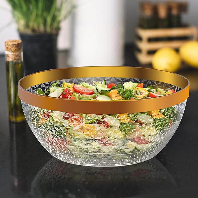 NiHome Plastic Punch Bowl with Ladle and Tong for Parties, Weddings, BBQs, 1.4 Gallon Gold Trim Clear Beverage Serving Bowl Complete Set for Cocktails, Salads, Snacks, Easy to Clean