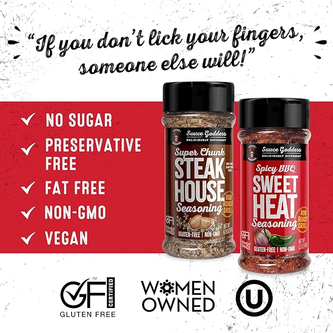 Sauce Goddess - Spicy BBQ Sweet Heat & Super Chunk Steakhouse Shaker Duo - Premium Spices, No MSG, No Additives - Meat & Veggies Seasoning 2-Pack
