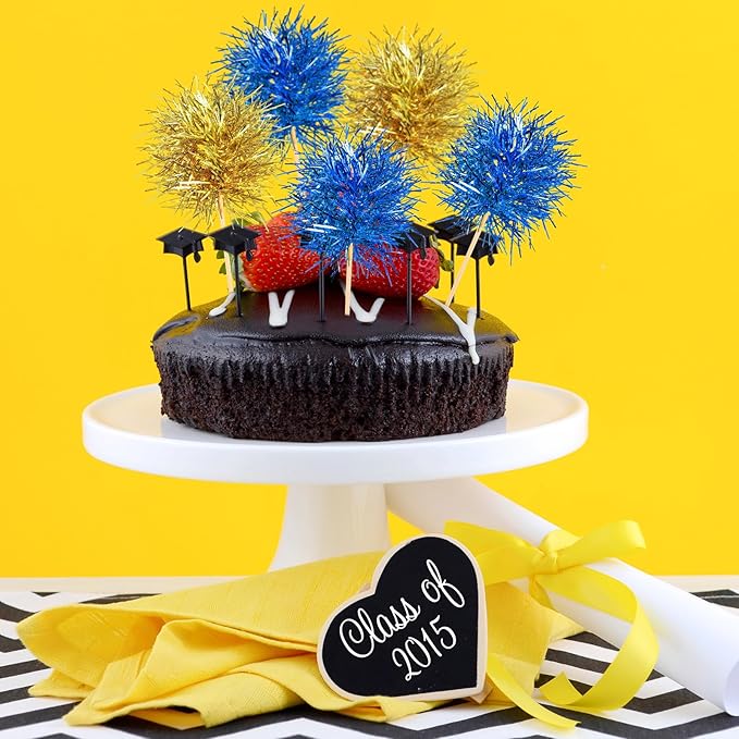 Chinco 100 Pcs Foil Firework Cupcake Toppers Sparkle Tinsel Cake Toppers Cake Decoration Cocktail Fruit Toothpick for Birthday Wedding Graduation Party(Blue, Gold)