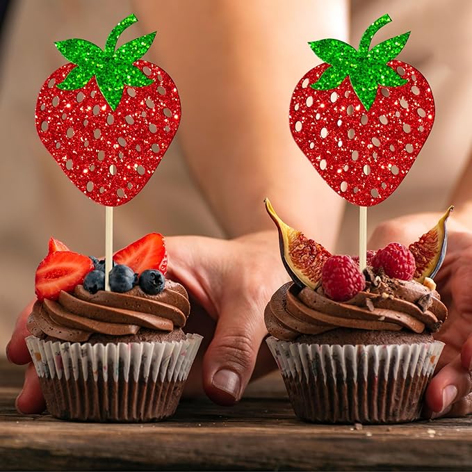 24 Pack Strawberry Cupcake Toppers Glitter Birthday Strawberry Cupcake Picks for Fruit Baby Shower Kids Birthday Summer Berry Cupcake Decorations Party Supplies Red