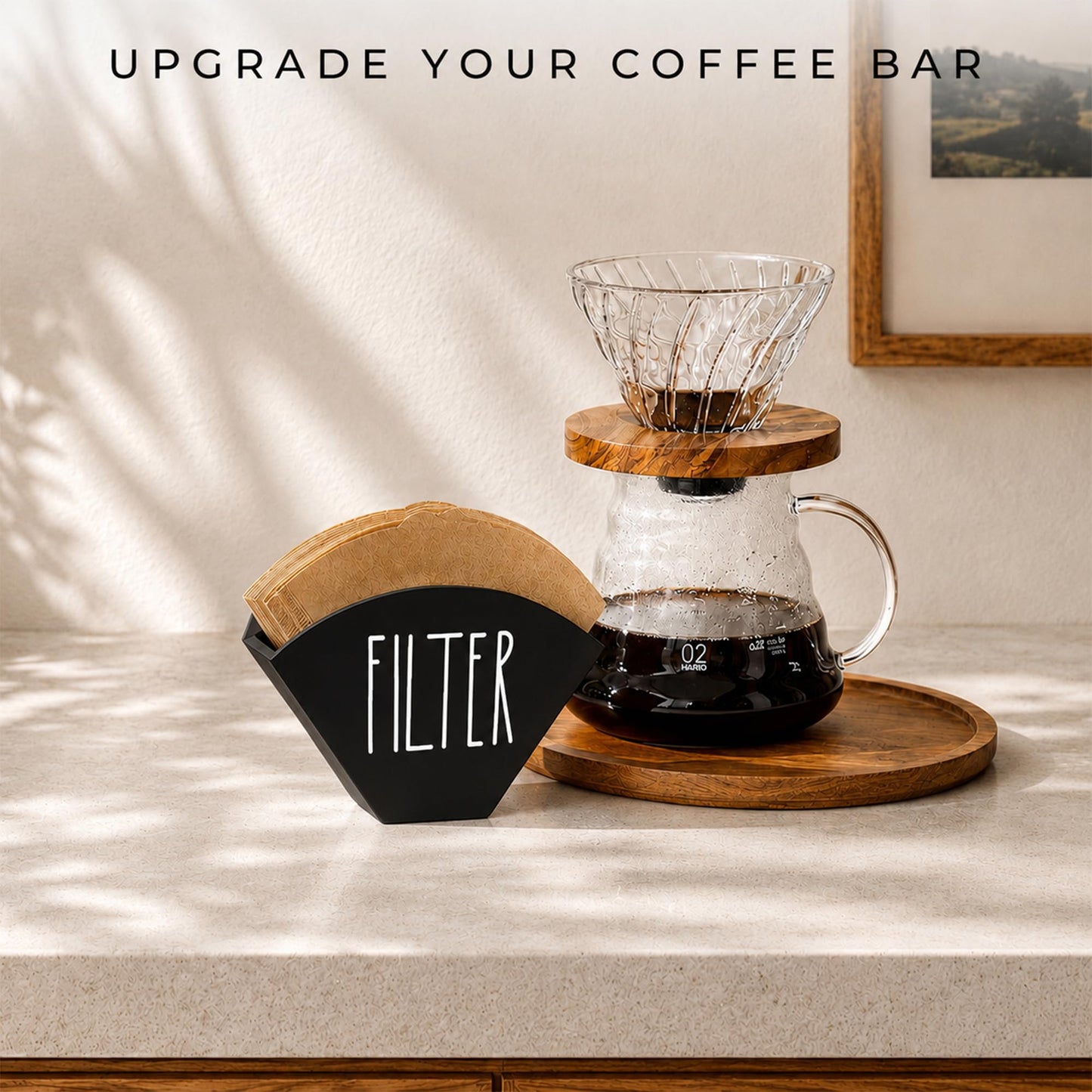 CHONIC Wood Coffee Filter Holder, Farmhouse Cone Filter Storage Organizer, Wall Mount Coffee Bar &