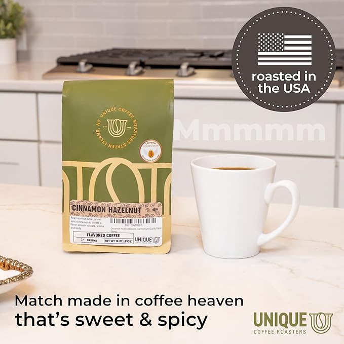 Cinnamon Hazelnut Flavored Ground Coffee, 1 LB (16 oz) bag, Medium Roast, 100% Arabica Premium Quality Flavor