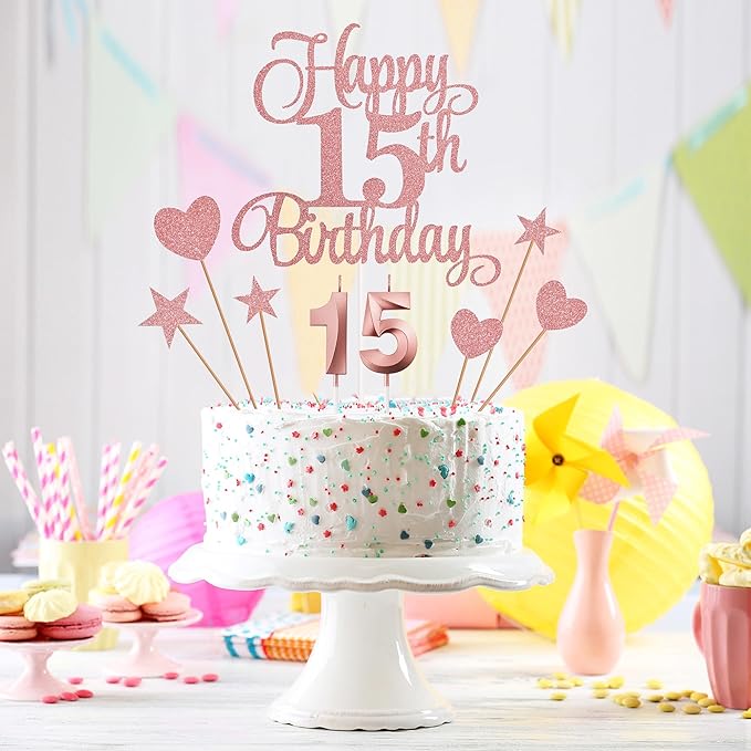 15th Birthday Cake Decorations, 15th Birthday Candles Cake Numeral Candles and Glitter Happy 15th Birthday Cake Toppers Set for Birthday Party Supplies (Rose Gold)