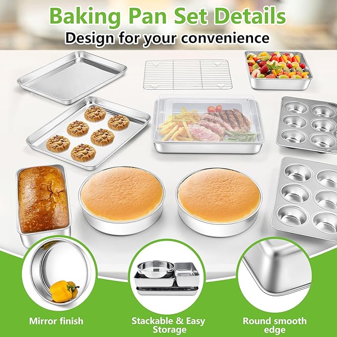 Bakeware Sets of 11, P&P CHEF Stainless Steel Baking Pans Set, Includes Baking Sheets and Rack, Lasagna Pan with Lid, Round/Square Cake Pan, Muffin Pans, Loaf Pan, Reusable & Durable