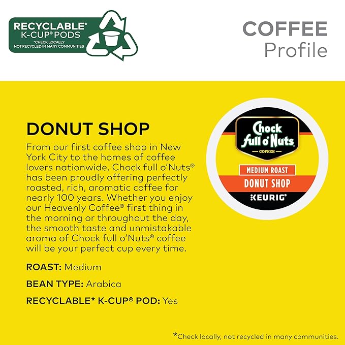 Chock full o’Nuts Donut Shop Keurig K-Cup Pods for Keurig Brewers – Premium Arabica, Medium Roast – Single Serve – 4 Packs of 24 K-Cup Pods
