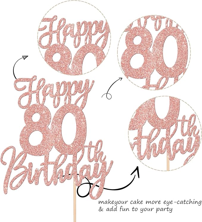 1 PCS Happy 80th Birthday Cake Topper Glitter Cheers to 80 Years Birthday Cake Pick Eighty Hello 80 Fabulous Cake Decorations for Happy 80th Birthday Anniversary Party Supplies Rose Gold