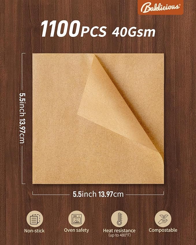 Baklicious 1100Pcs 5.5x5.5" Patty Paper - Elevate Burger Experience! Unbleached, Non-Stick Squares for Perfect Patties, Cookies, Food Storage, Sweet Candies Wrapping!
