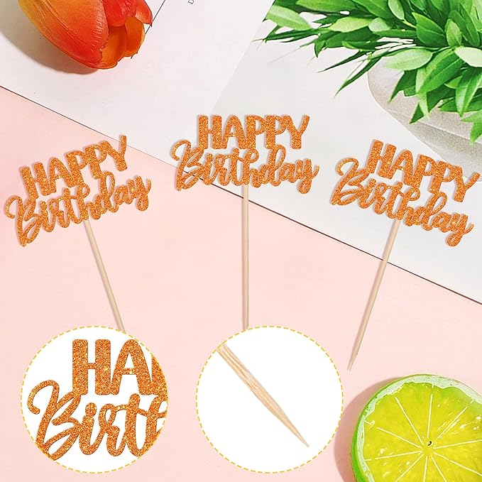30 PCS Happy Birthday Cupcake Toppers Glitter Happy Birthday Cupcake Picks for Celebrating Birthday Anniversary Theme Party Cake Decorations Supplies Orange