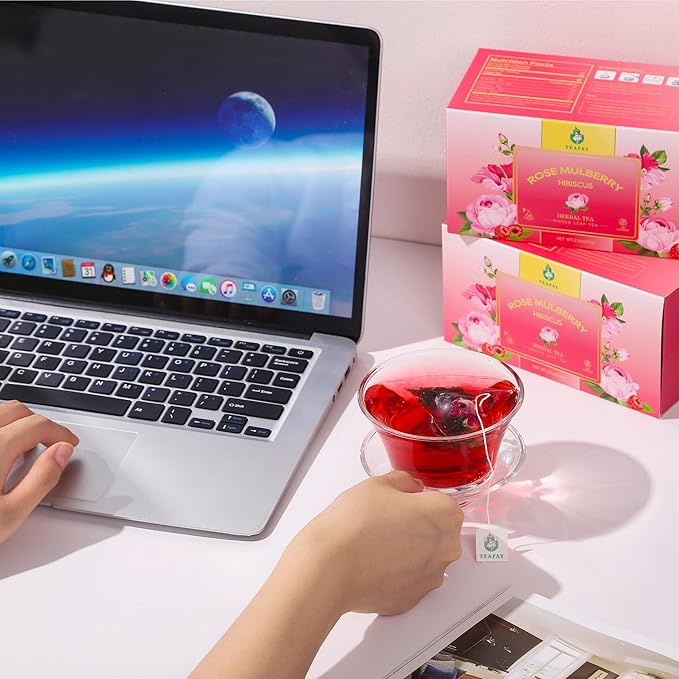 TEAFAY Hibiscus Tea with Rose and Mulberry ??20 Count (40 Cups), 100% Natural, Handpicked, Whole Leaf Pyramid Tea Bags, Individually Wrapped, Caffeine-Free