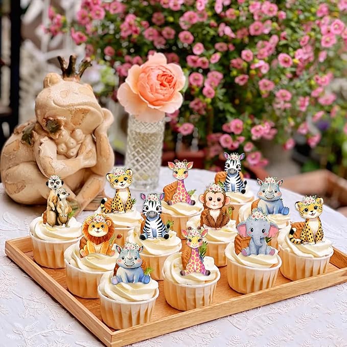 40Pcs Edible Floral Jungle Safari Animal Cupcake Toppers Wafer Paper Safari Theme Cake Toppers Decoration for Animal Drink Topper Birthday Party Decoration