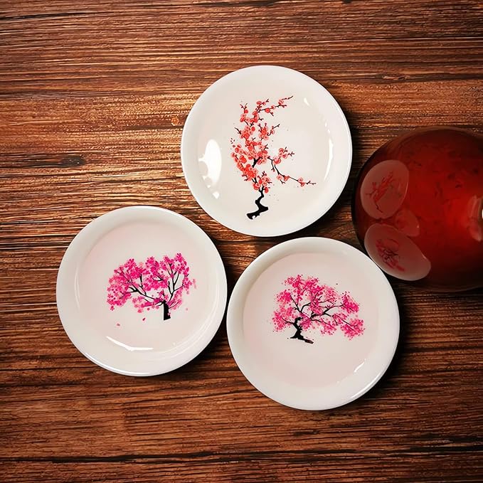 Magic Sakura Cherry Blossom Sake Cup - 2023 New Ceramic Sake Cold/Hot Temperature Color Changing Cup Glasses, Japanese Tea Wine Soju Sake Cup Glasses Set, Magical Blooming Sake Cups (Plum- Cold&Hot)