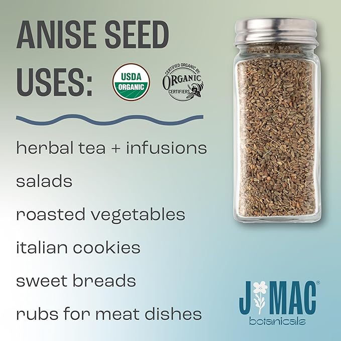 J Mac Botanicals Organic Anise Seeds (16 oz) whole seeds, aniseed, anise cookies, anise tea, anise seed powder, anise seeds for baking, Certified Organic.