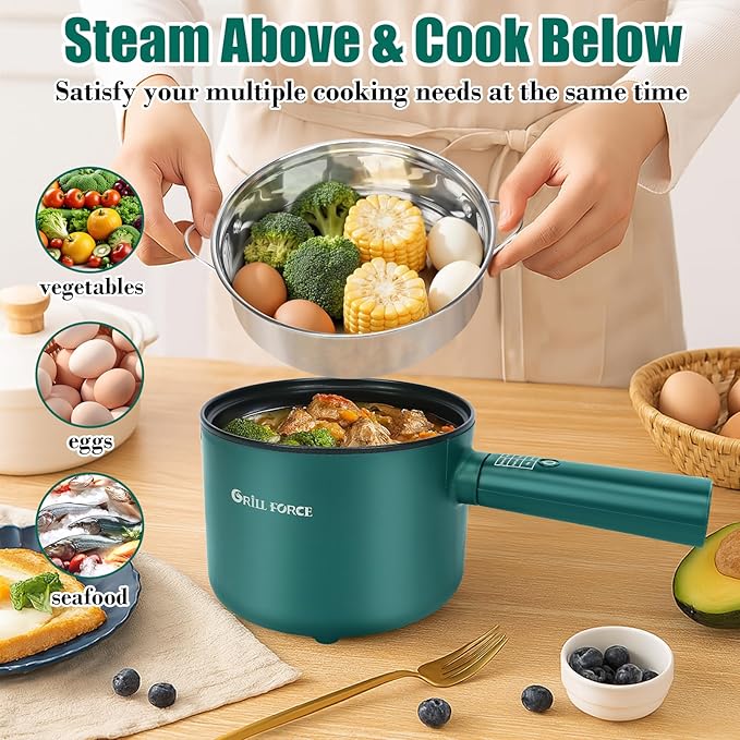 Hot Pot Electric with Steamer,6 Smart Modes, 1.8L Ramen Cooker, Portable Cooker, Non-Stick Frying Pan, Saut챕 Pan, Electric Pot for Pasta, Egg, Steak, BPA Free, College Dorm Room Essential