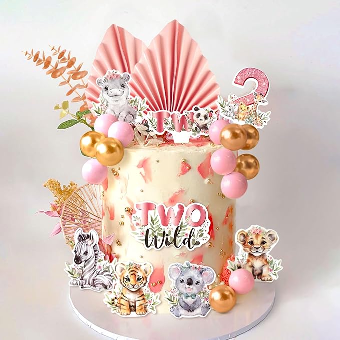 40 PCS Two Wild Cake Topper 2nd Birthday Party Girl Safari Animal Cake Decorations Pink Two Wild 2 Birthday Decor Jungle Cake Toppers Baby Shower
