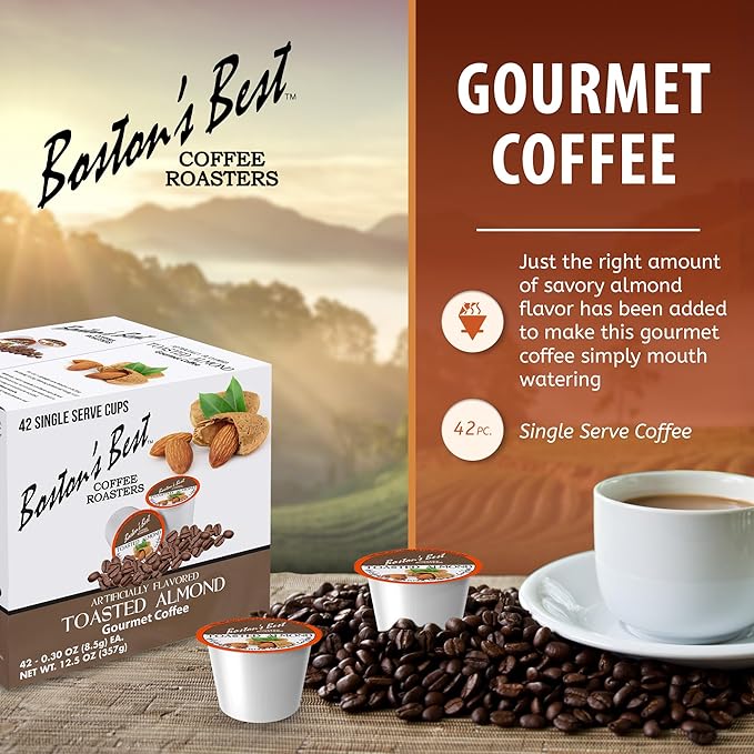 Bostonโs Best - Toasted Almond Flavored Delicious Gourmet Coffee Compatible with Keurig Coffee Maker, 1 Count (42 Single Serve Medium Roast Cups)
